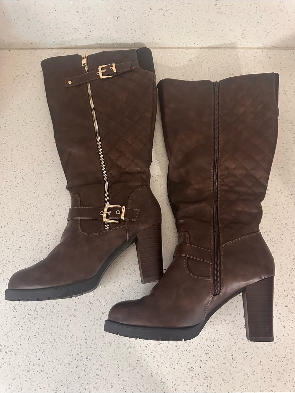 Women's Tall Quilted Brown Heeled Riding Boots